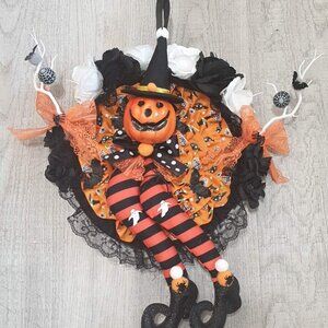 Halloween Wreath Hanger Wall Spooky Witch Pumpkin Bat Decor Door Hanger Sign